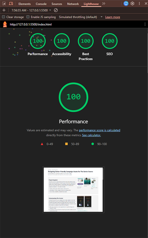 Chrome DevTools Lighthouse desktop audit for this case study page showing scores of 100 for Performance, Accessibility, Best Practices, and SEO