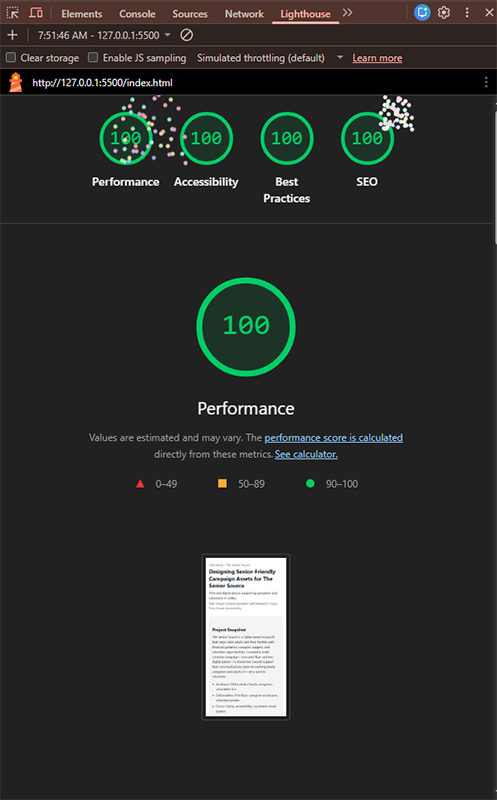 Chrome DevTools Lighthouse mobile audit for this case study page showing scores of 100 for Performance, Accessibility, Best Practices, and SEO