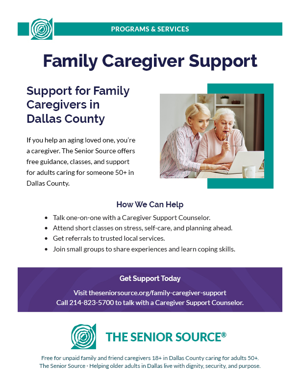 Full-size Family Caregiver Support flyer design for The Senior Source
