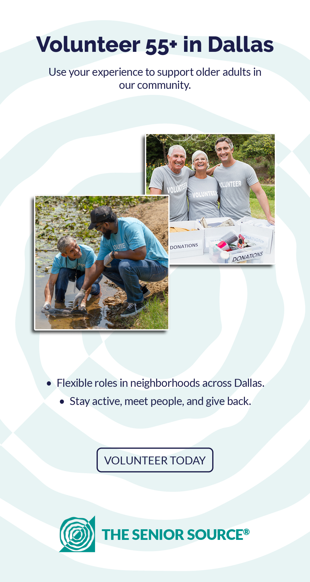 Full-size Volunteer 55+ in Dallas promotional design for The Senior Source